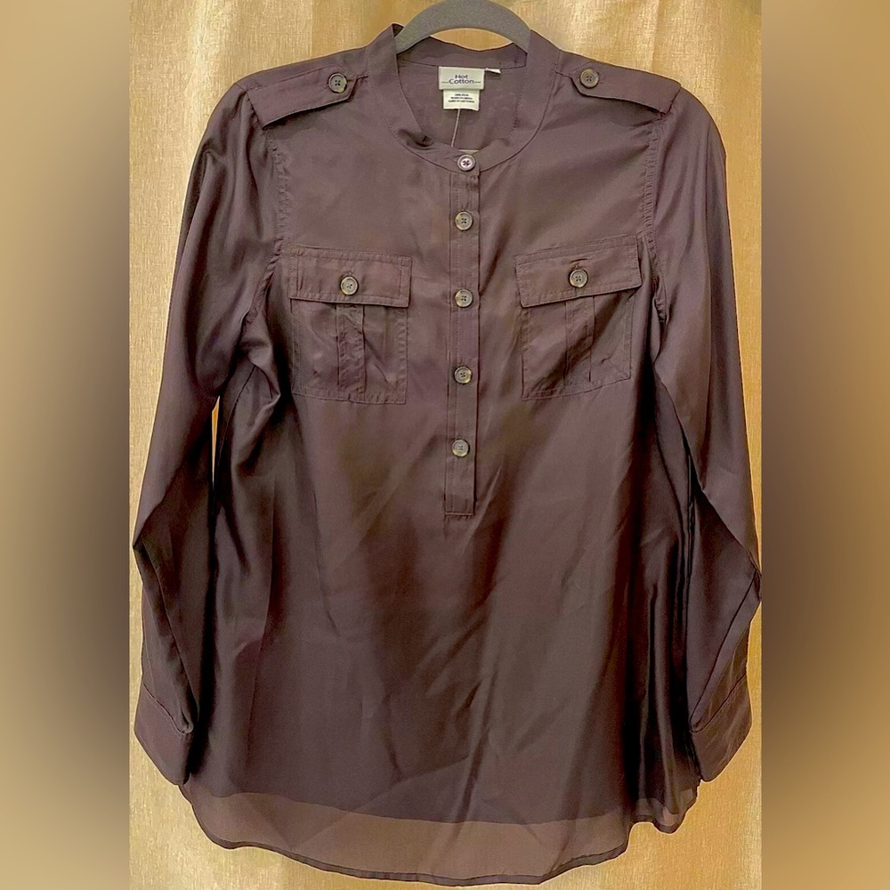 Y2K Brown 100% Silk Blouse Tunic Sz Small New with Tags